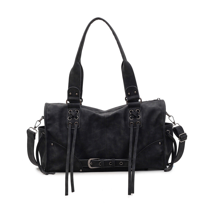 Black belted top handle crossbody satchel bag, front view