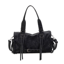 Black belted top handle crossbody satchel bag, front view