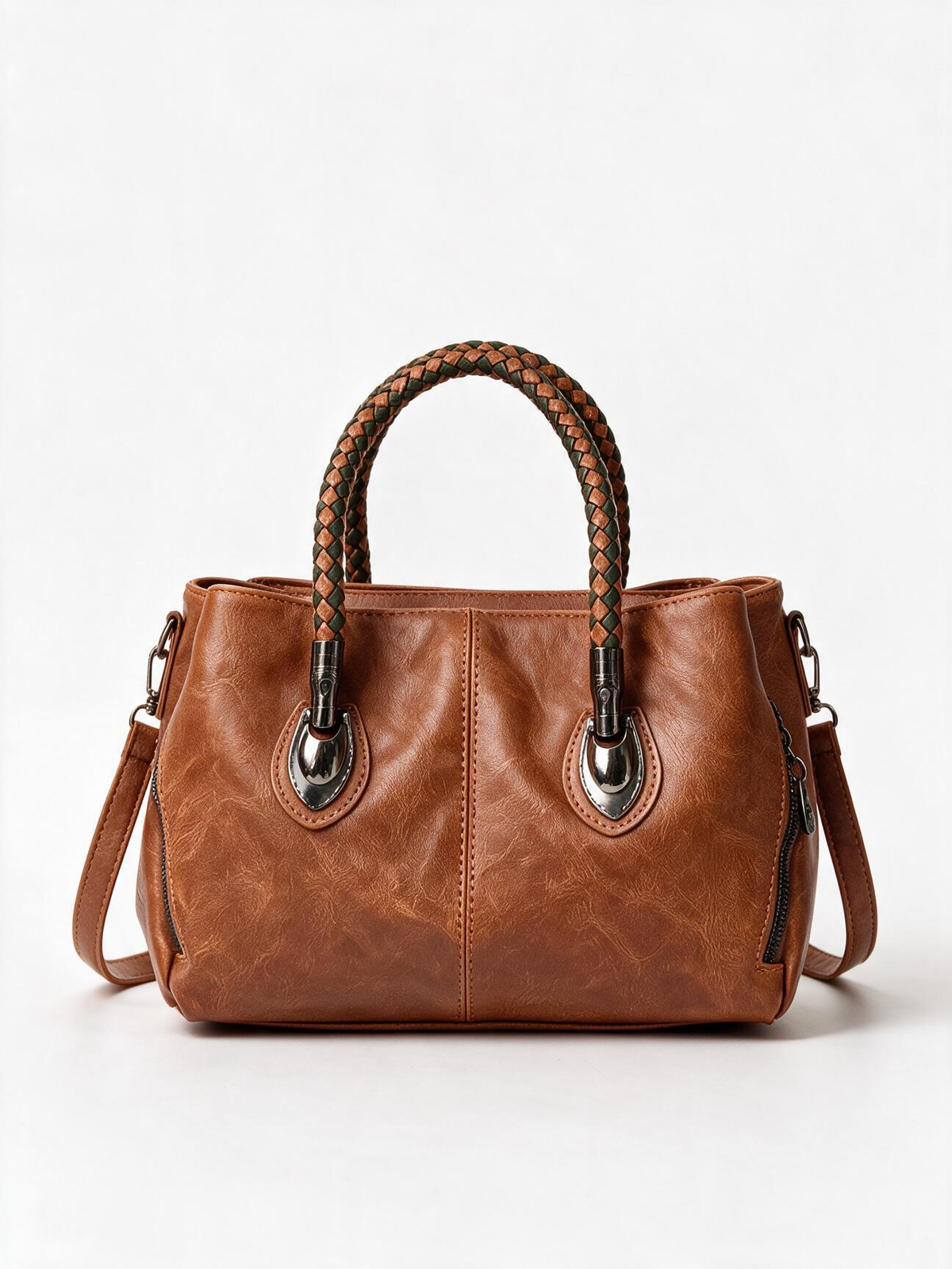 Woven Handle Vegan Leather Tote Bag