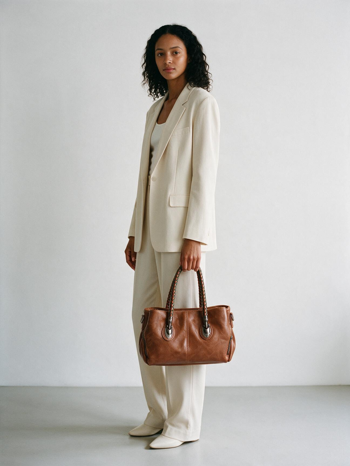 Woven Handle Vegan Leather Tote Bag