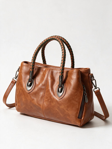 Woven Handle Vegan Leather Tote Bag