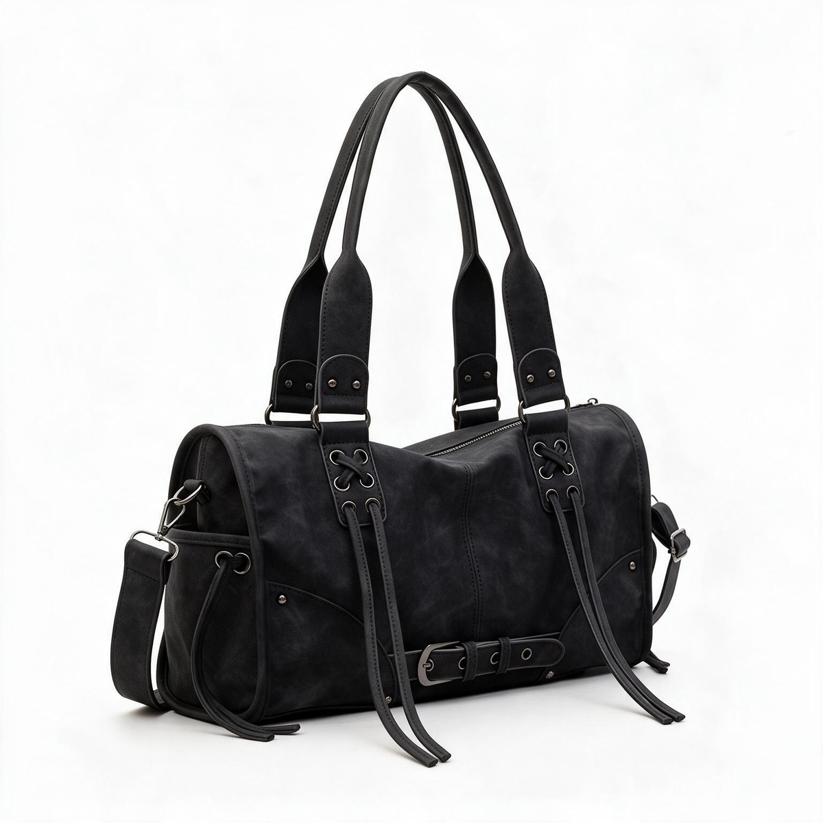 Black belted satchel bag with double handles and detachable strap