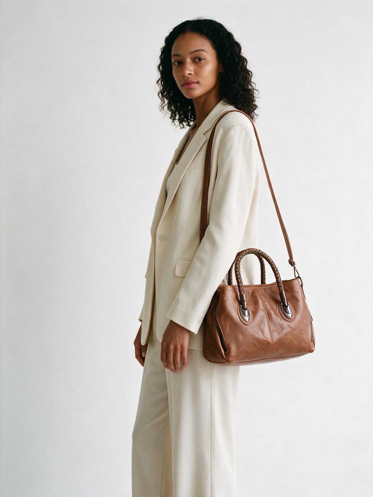 Woven Handle Vegan Leather Tote Bag