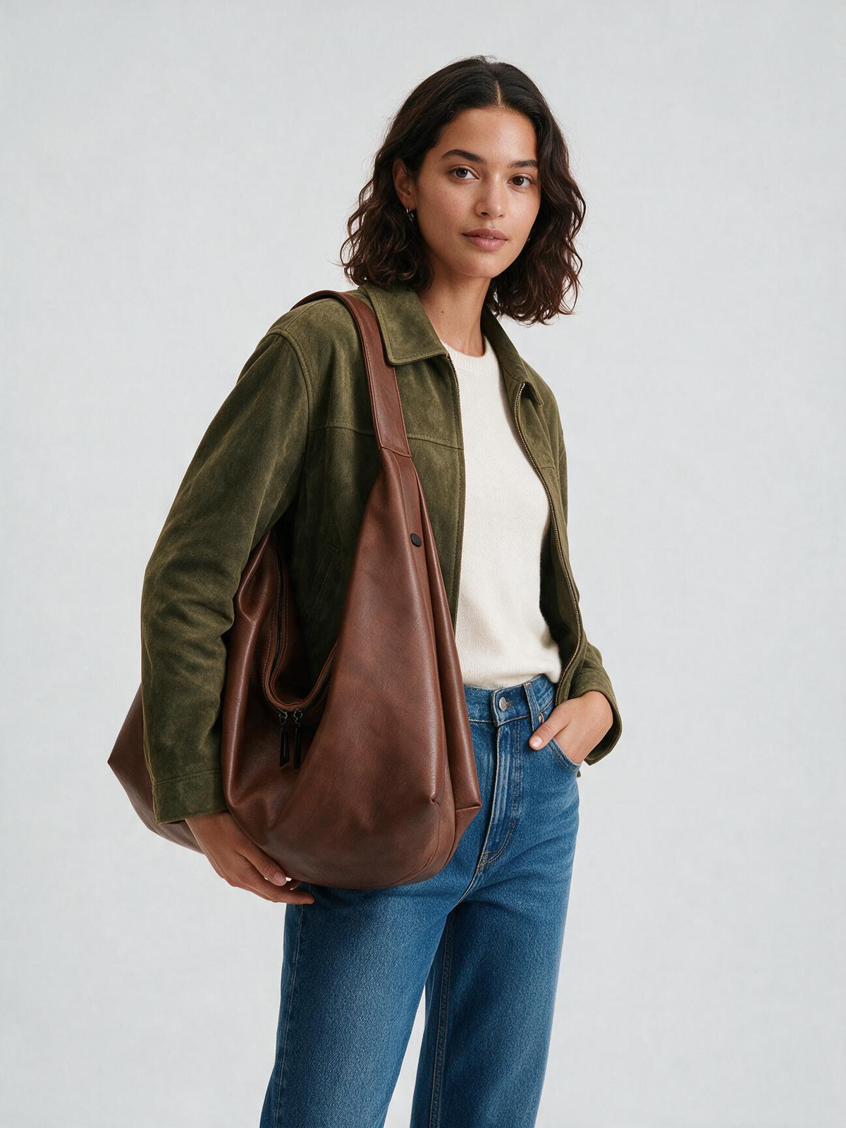 Woman wearing the brown shoulder tote bag with casual outfit