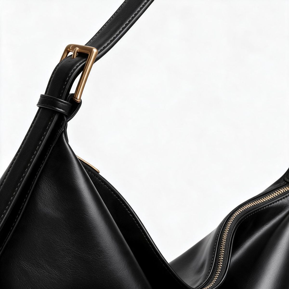 Close-up of black faux leather bag strap and gold-tone hardware