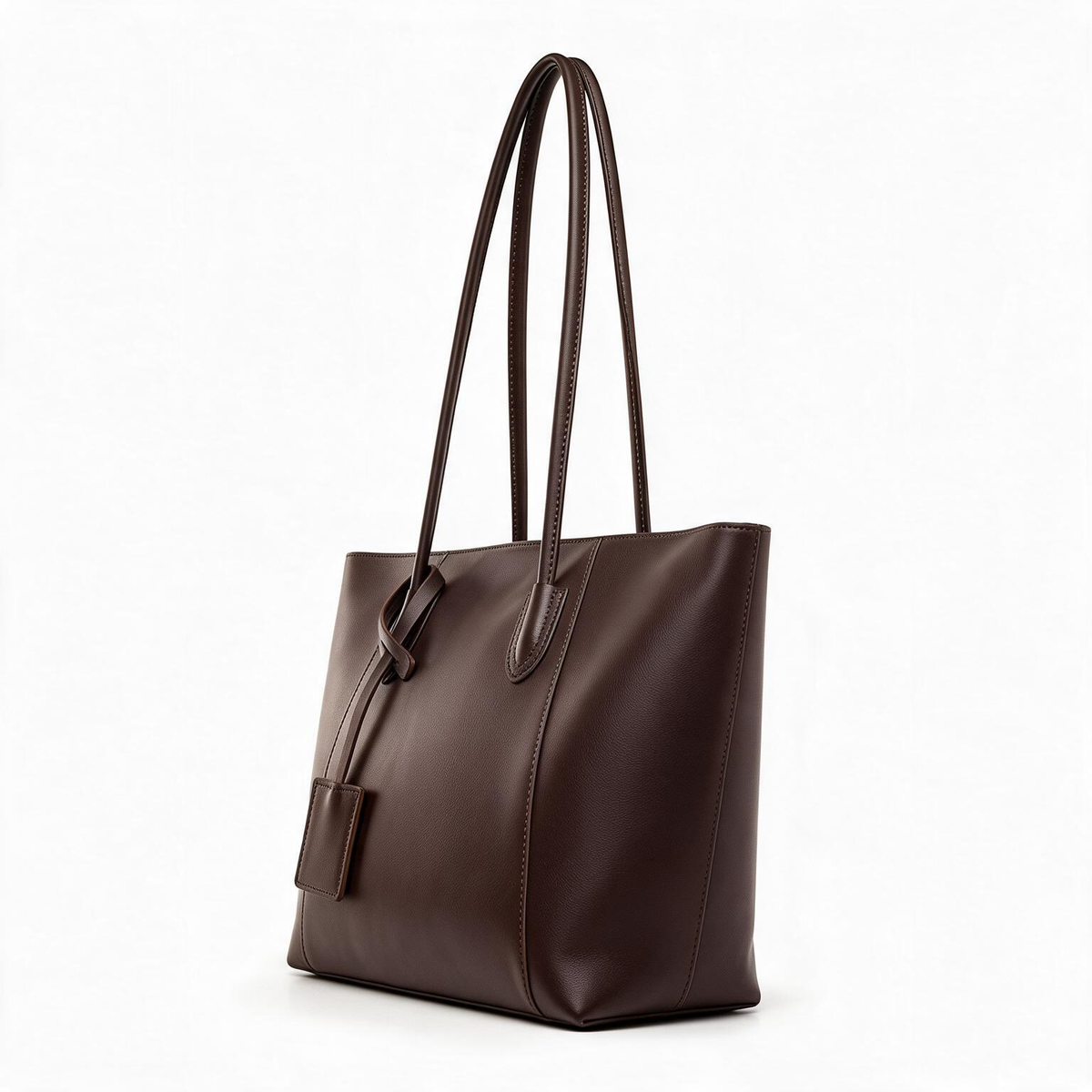Angled product view of chocolate brown shoulder tote