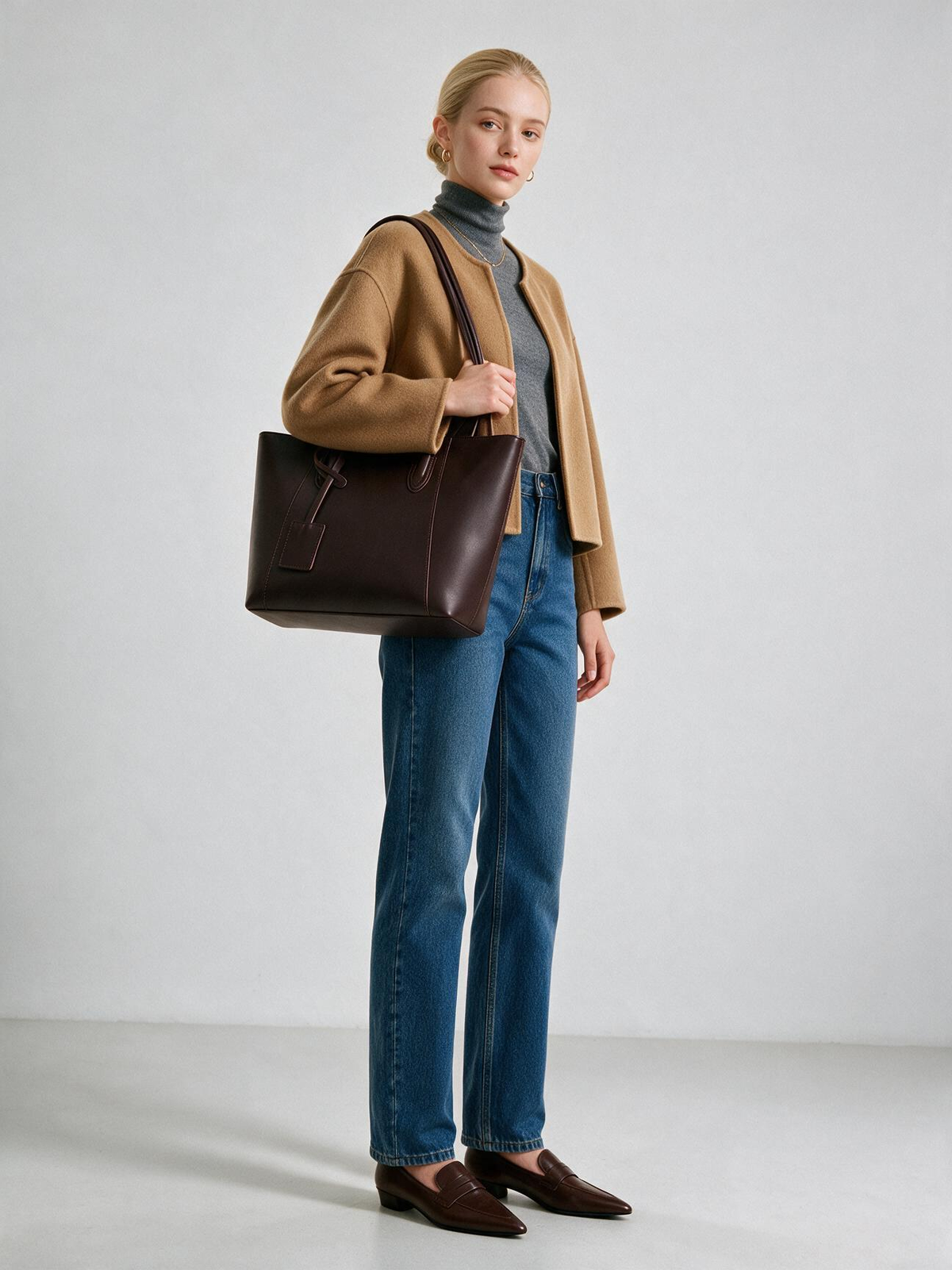 Full-length model view with chocolate brown tote bag