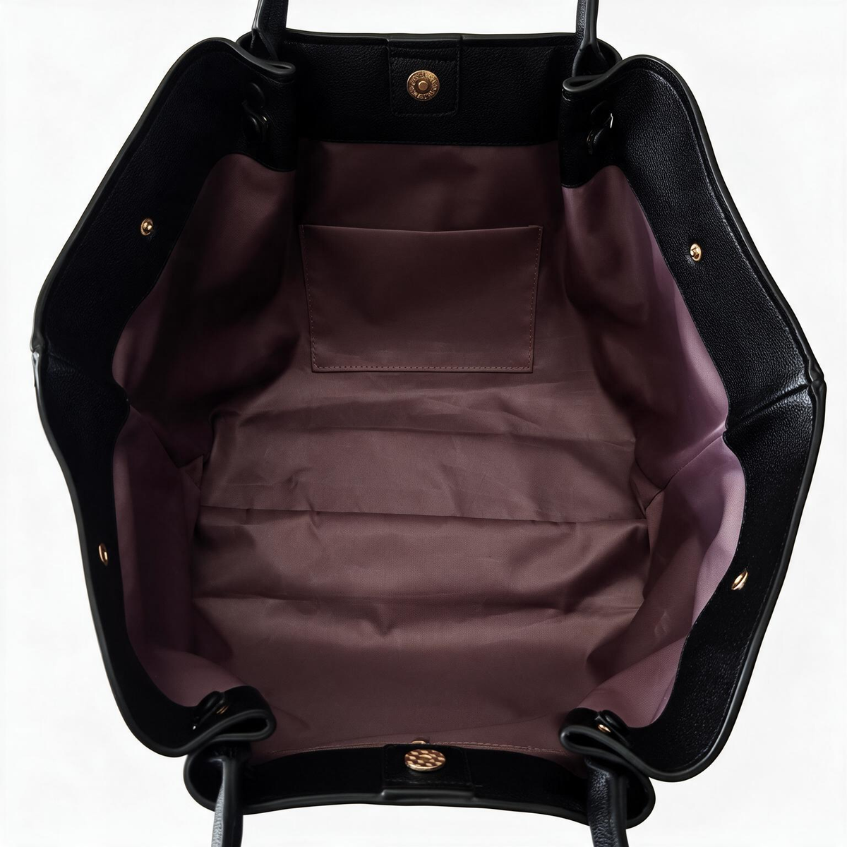 Open top and interior of the black winged tote bag