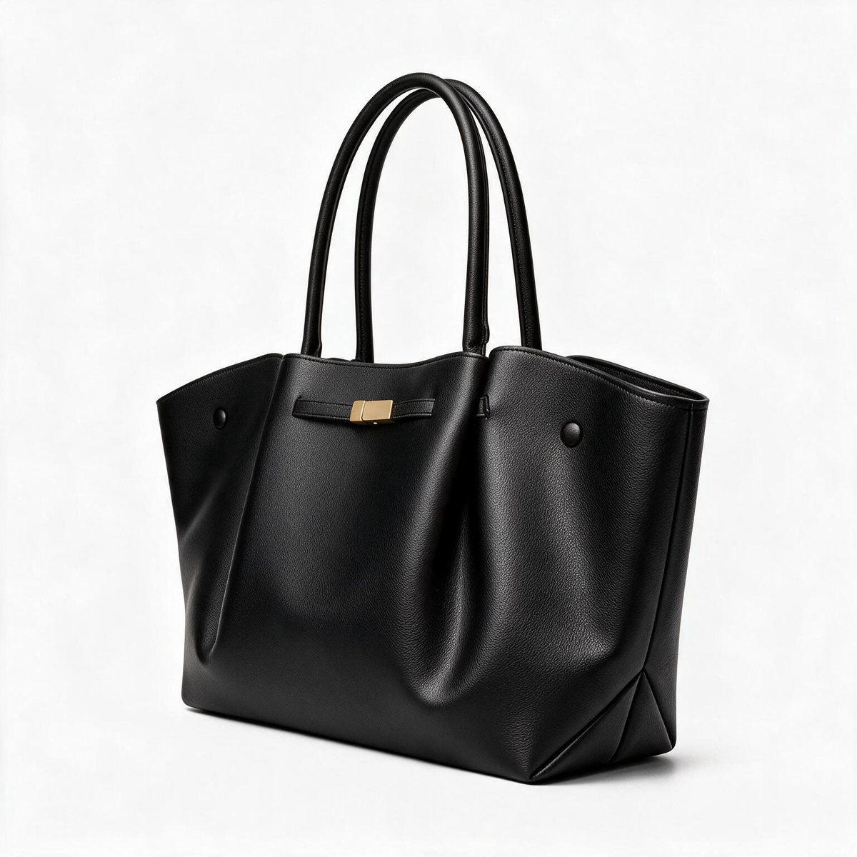 Black PU faux leather winged tote bag on white background