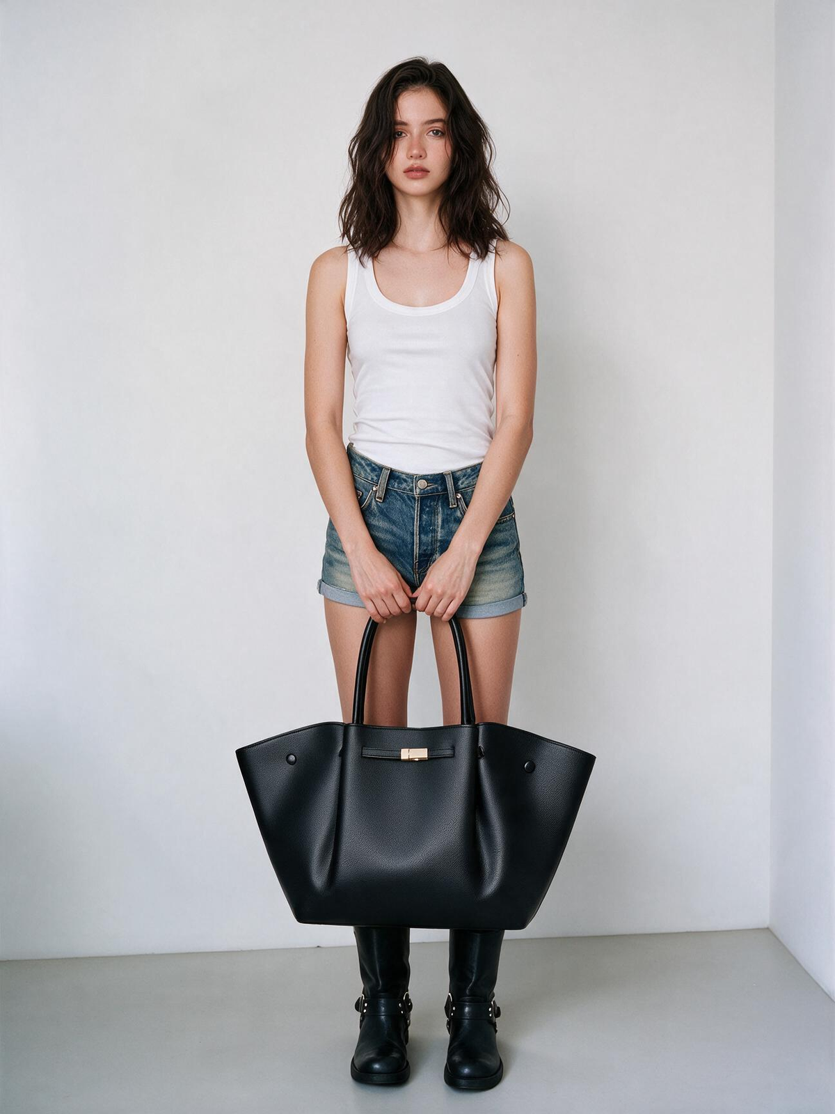 Front styling view of the black winged tote bag