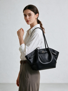 Model carrying the black shoulder tote bag