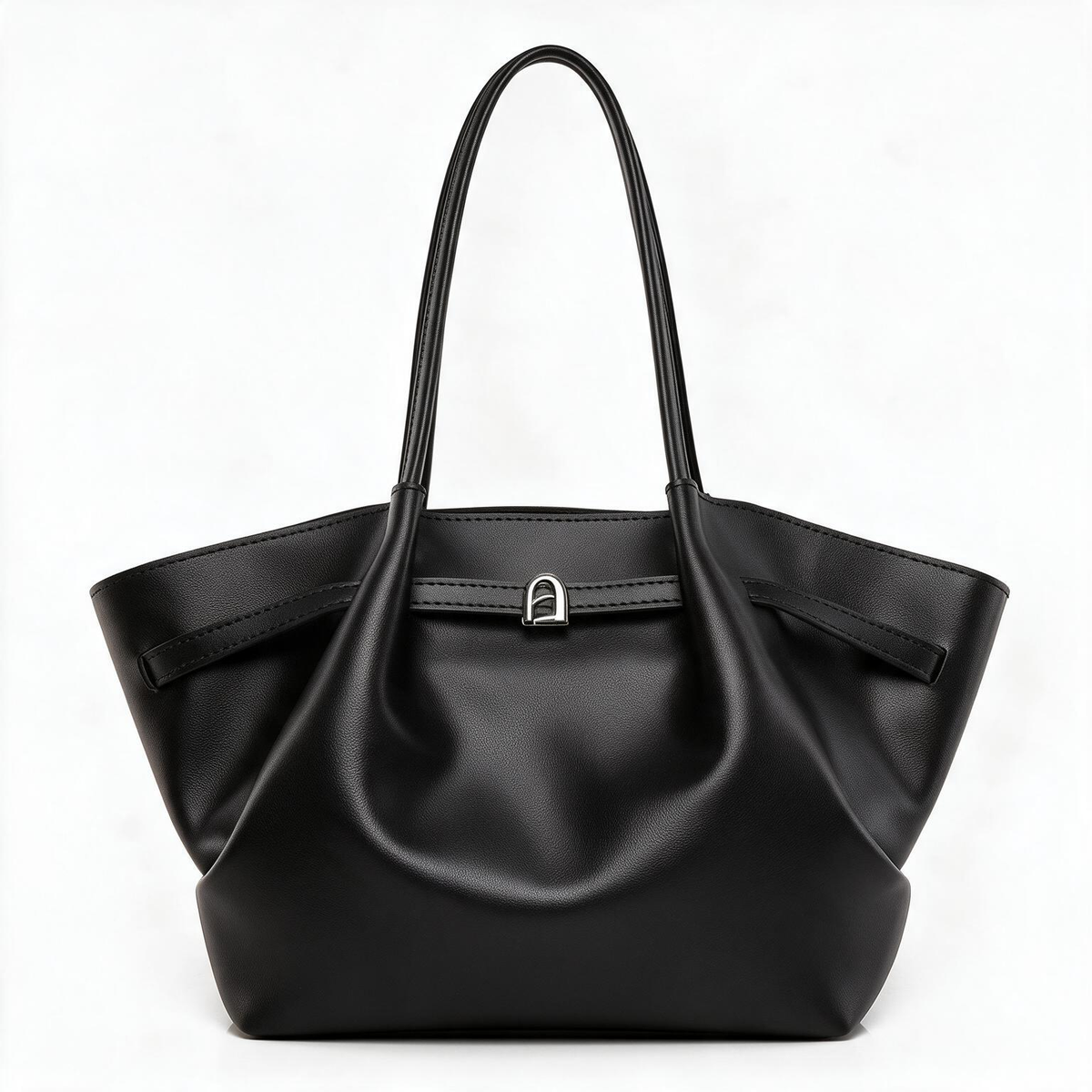Belt-Detail Zip-Top Faux Leather Shoulder Tote