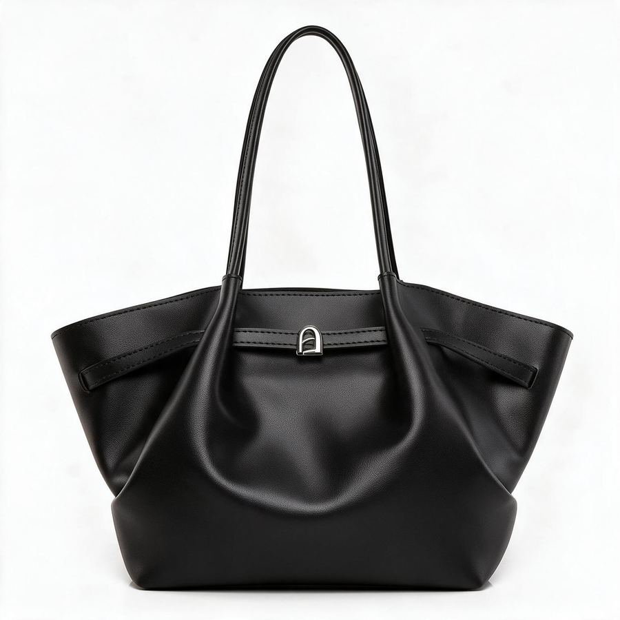 Belt-Detail Zip-Top Faux Leather Shoulder Tote