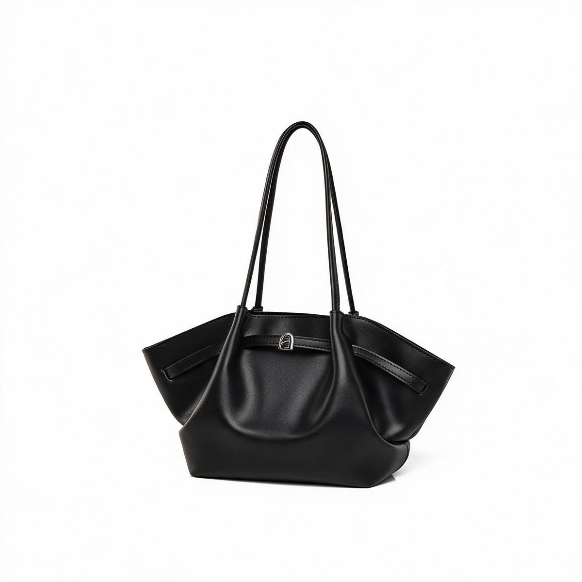 Black faux leather tote bag shown alone