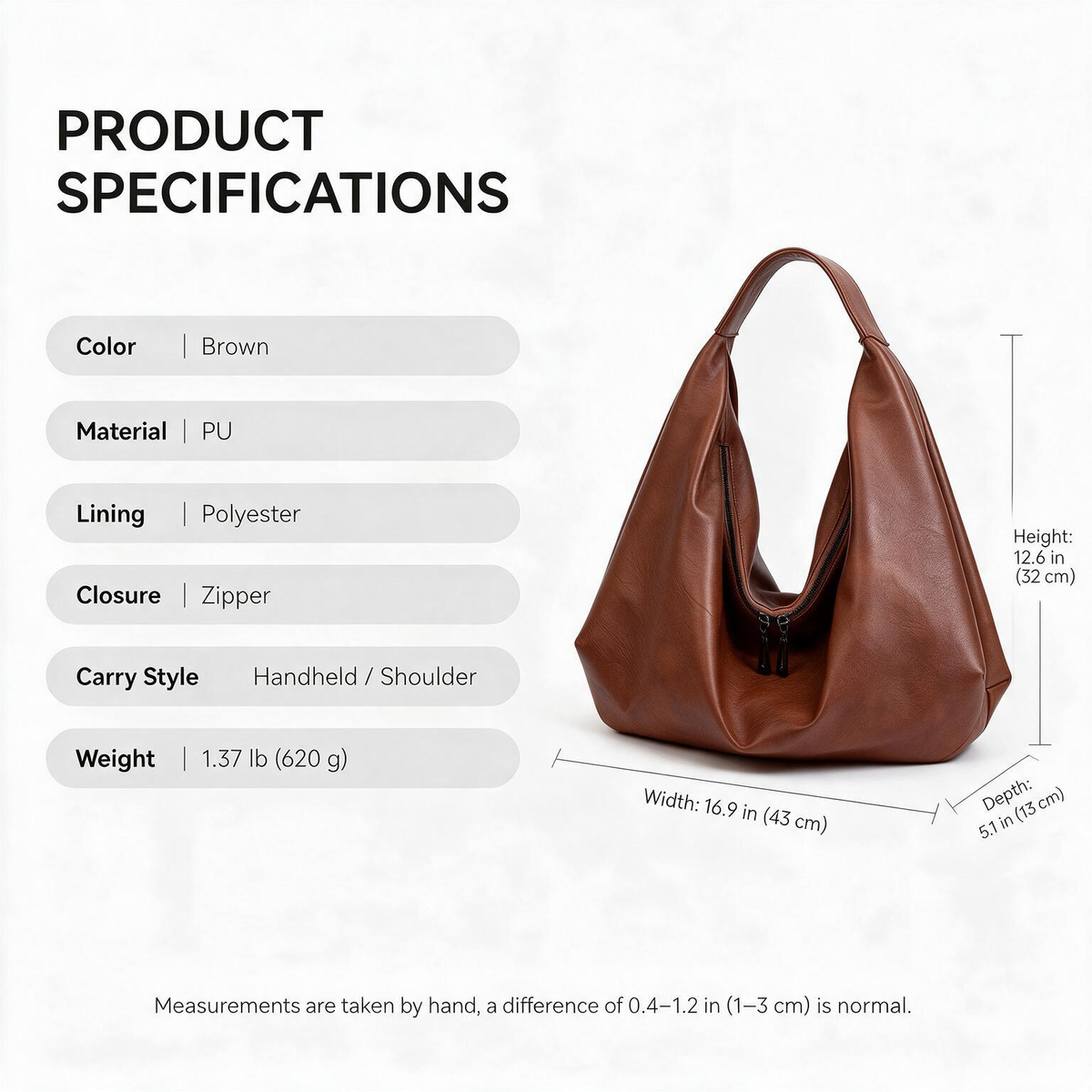 Brown Slouchy Shoulder Tote Bag for Women product specifications infographic with bag measurements and material details