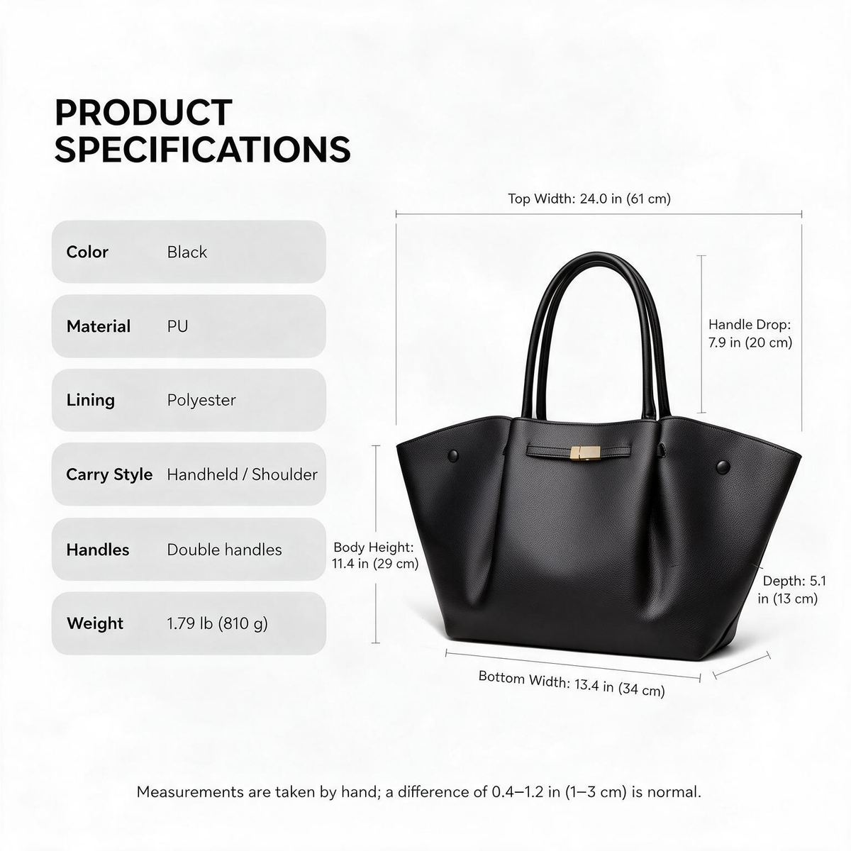 Black Winged Shoulder Tote Bag for Women product specifications infographic with bag measurements and material details