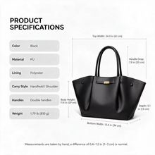 Black Winged Shoulder Tote Bag for Women product specifications infographic with bag measurements and material details