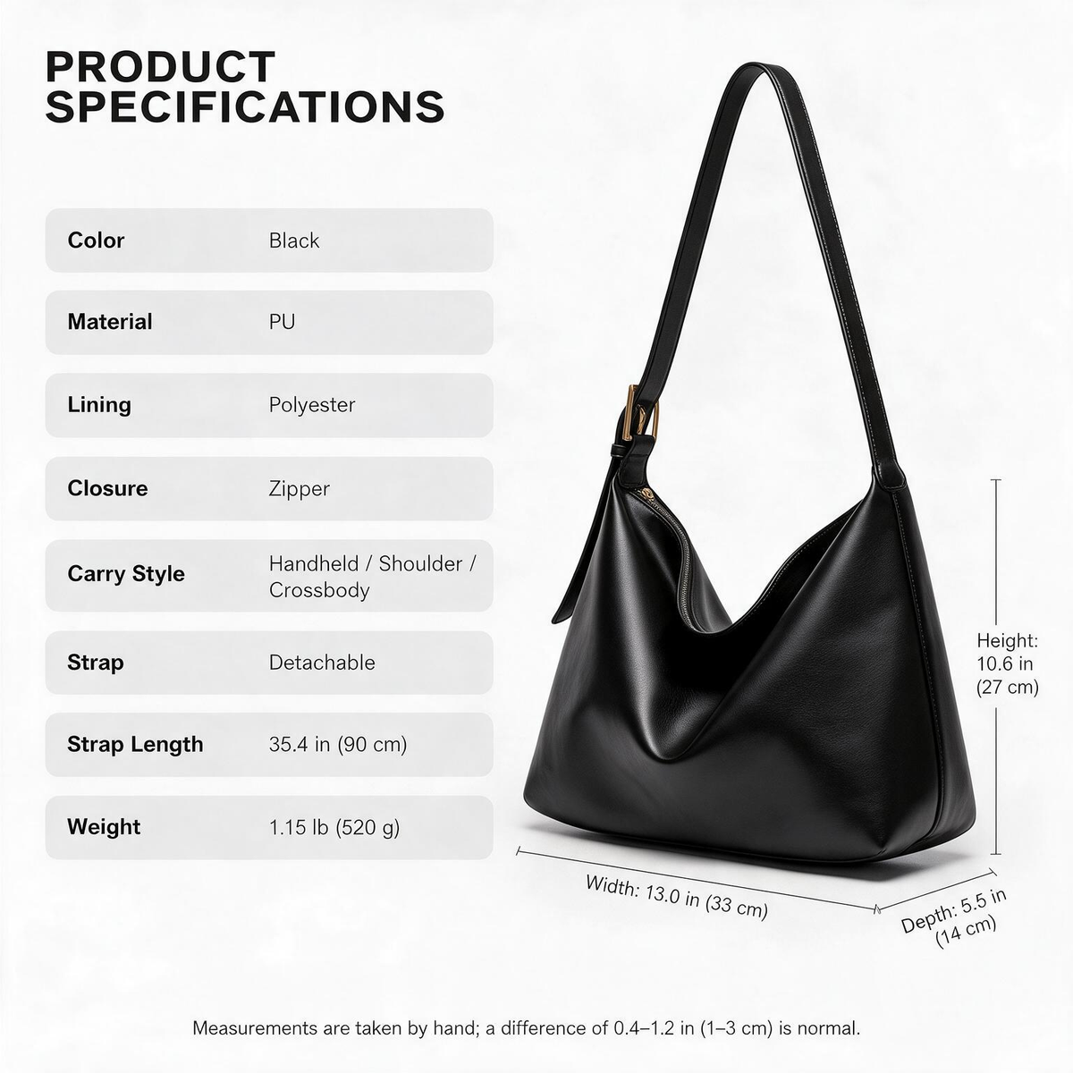 Black Hobo Shoulder Bag with Adjustable Crossbody Strap product specifications infographic with bag measurements and material details