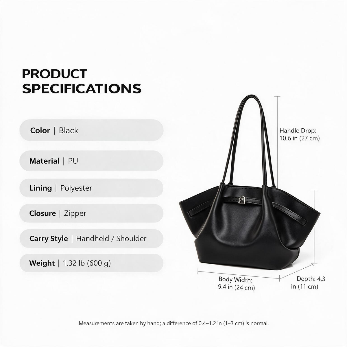 Black Faux Leather Shoulder Tote Bag for Women product specifications infographic with bag measurements and material details
