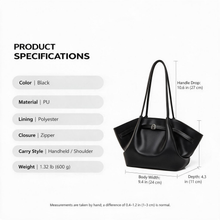 Black Faux Leather Shoulder Tote Bag for Women product specifications infographic with bag measurements and material details