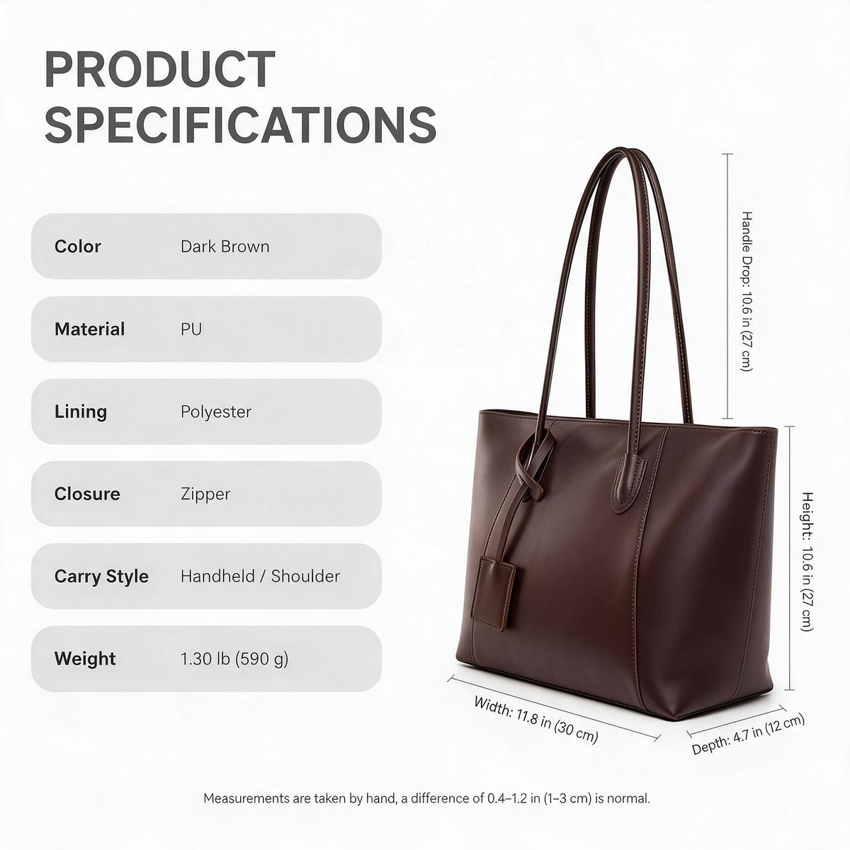 Chocolate Brown Vegan Leather Shoulder Tote Bag product specifications infographic with bag measurements and material details