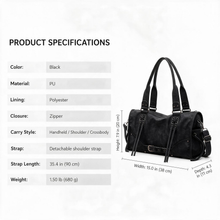 Black Belted Top Handle Crossbody Satchel for Women product specifications infographic with bag measurements and material details
