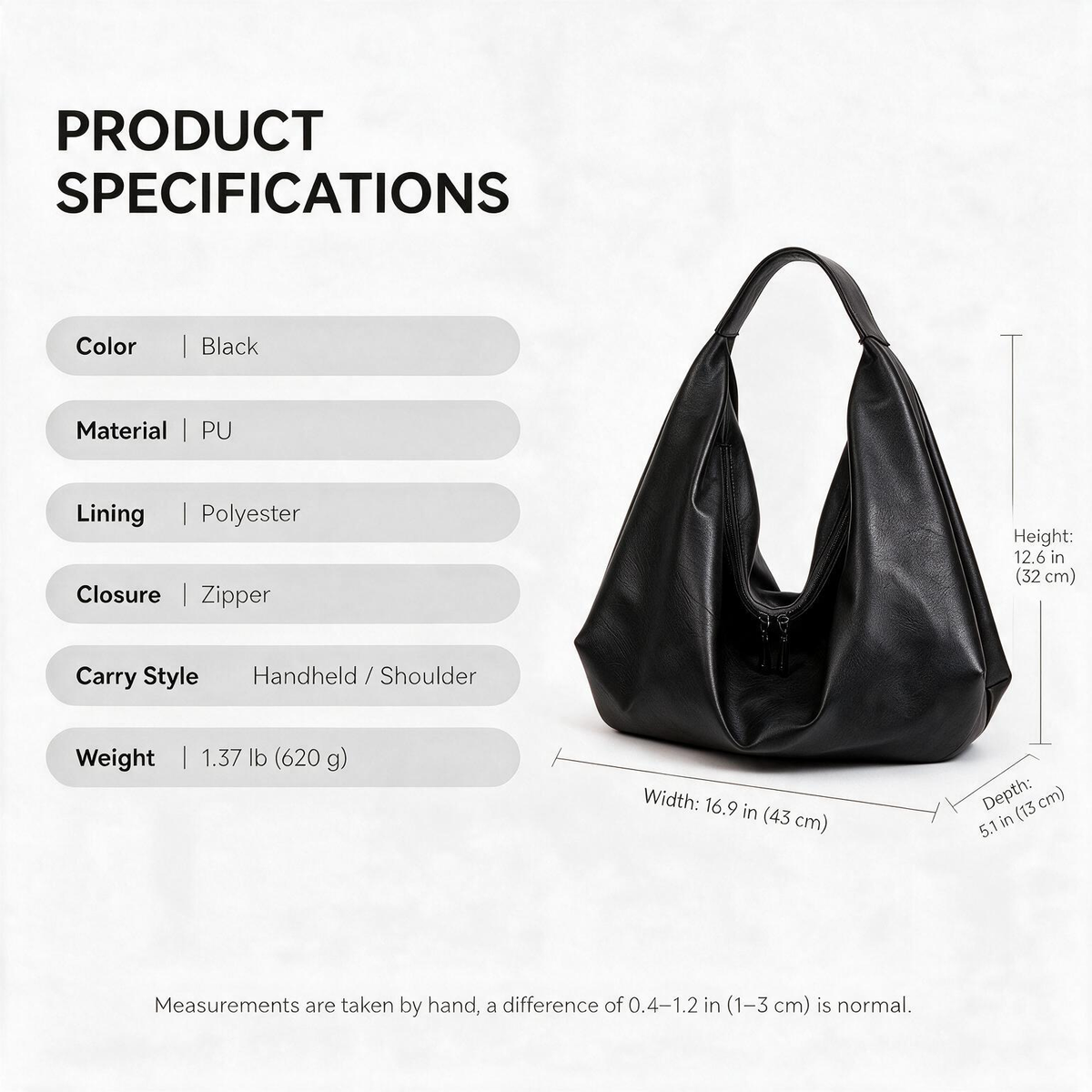 Black slouchy tote bag size and material specifications