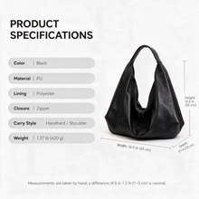 Black slouchy tote bag size and material specifications