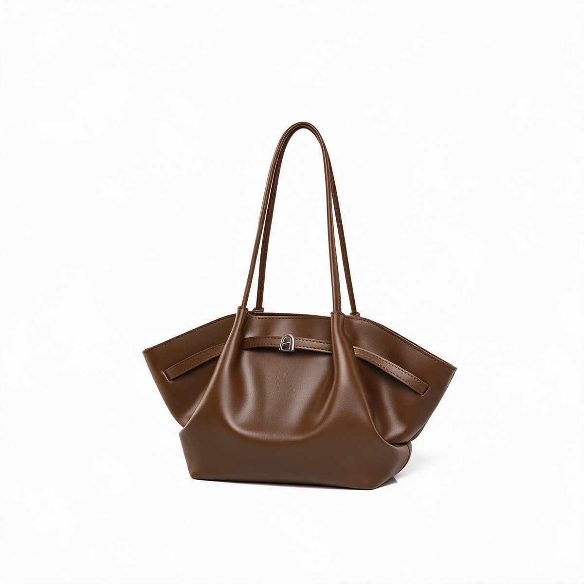 Brown faux leather tote bag, angled product view