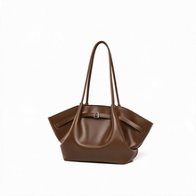 Brown faux leather tote bag, angled product view