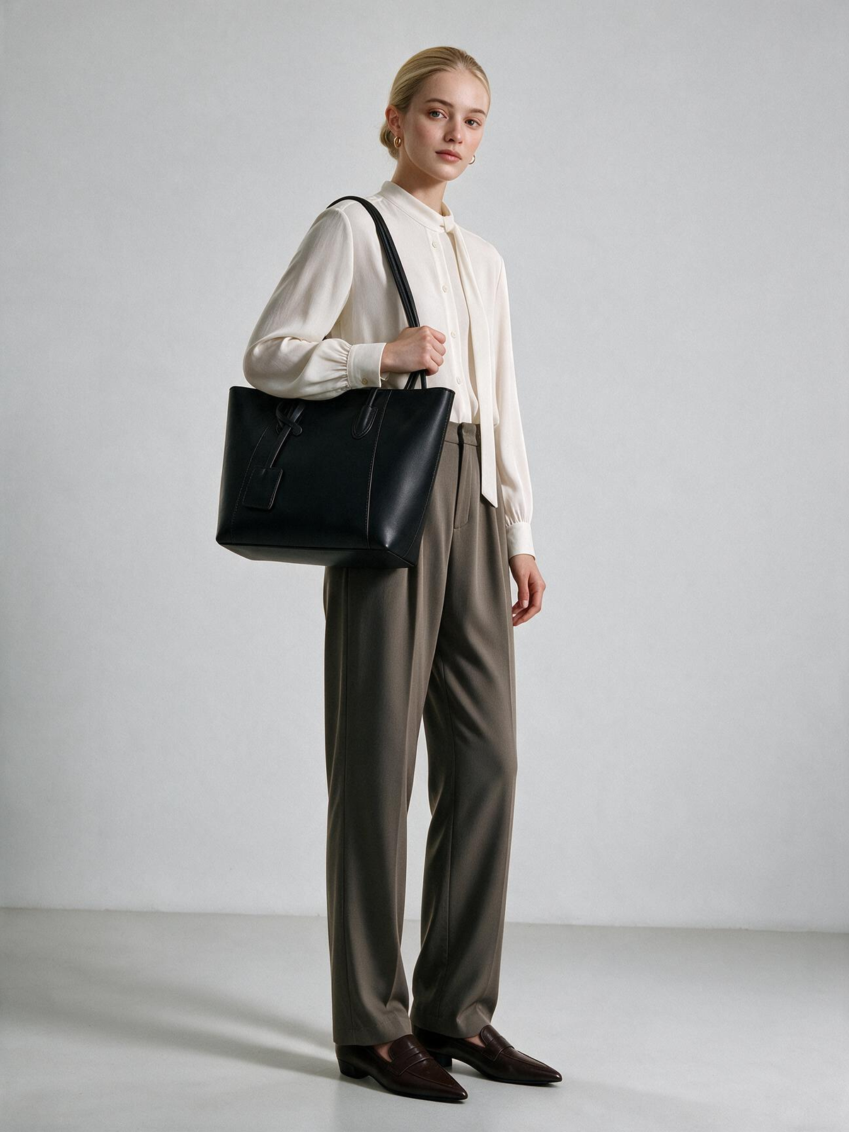 Woman wearing the black tote over one shoulder