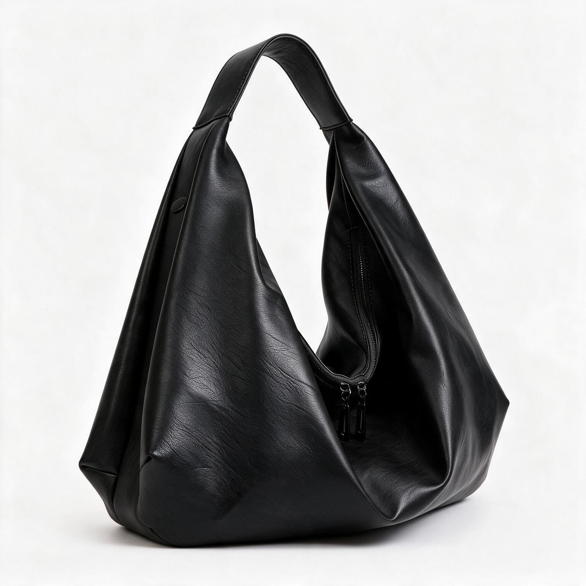 Black slouchy tote bag, angled product view