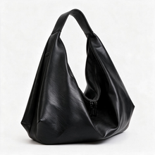Black slouchy tote bag, angled product view