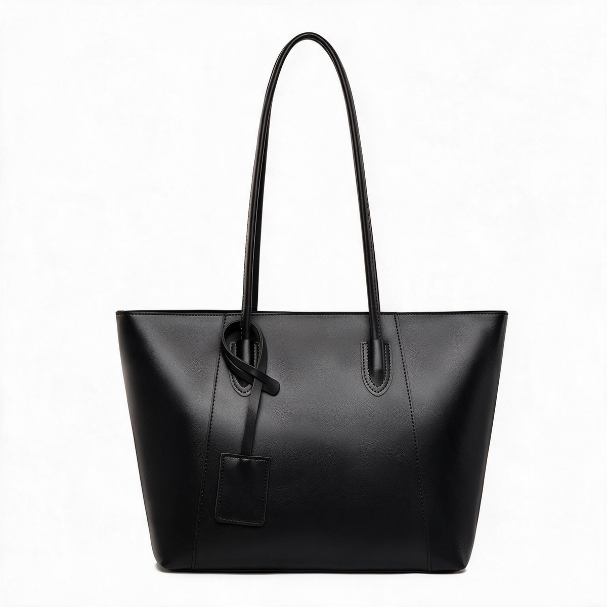Black faux leather shoulder tote bag, front view
