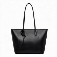 Black faux leather shoulder tote bag, front view