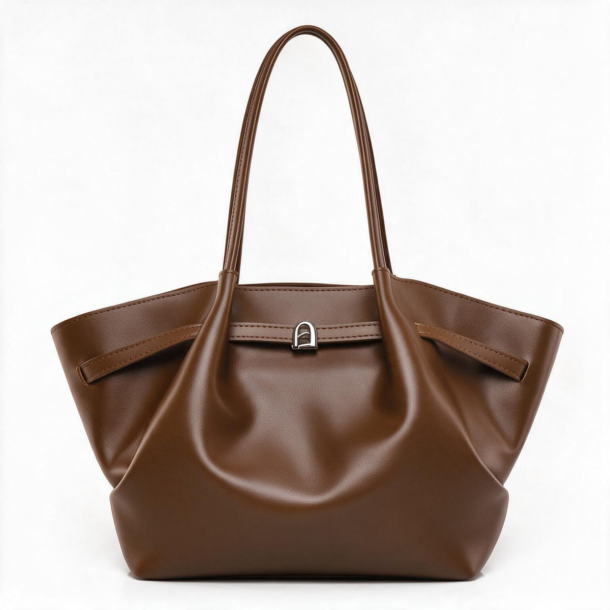 Brown faux leather shoulder tote bag, front view