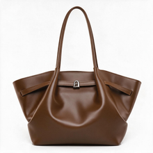 Brown faux leather shoulder tote bag, front view
