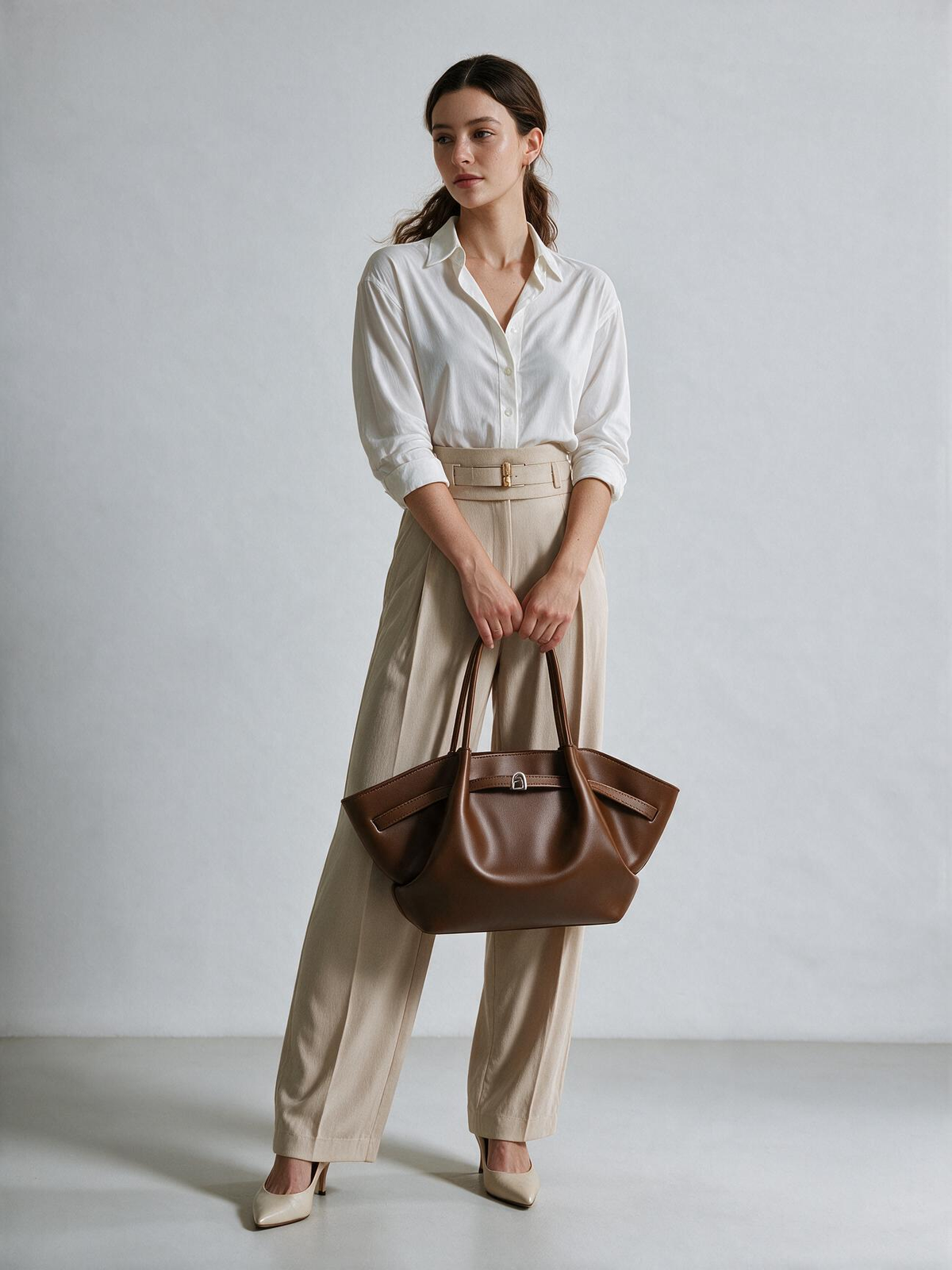 Woman holding the brown shoulder tote bag