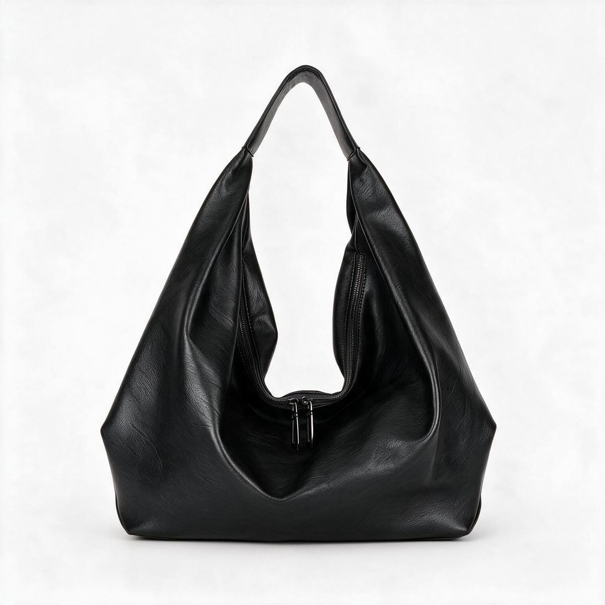 Black slouchy shoulder tote bag, front view
