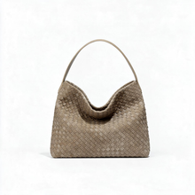 Taupe woven-look hobo shoulder bag on a white background
