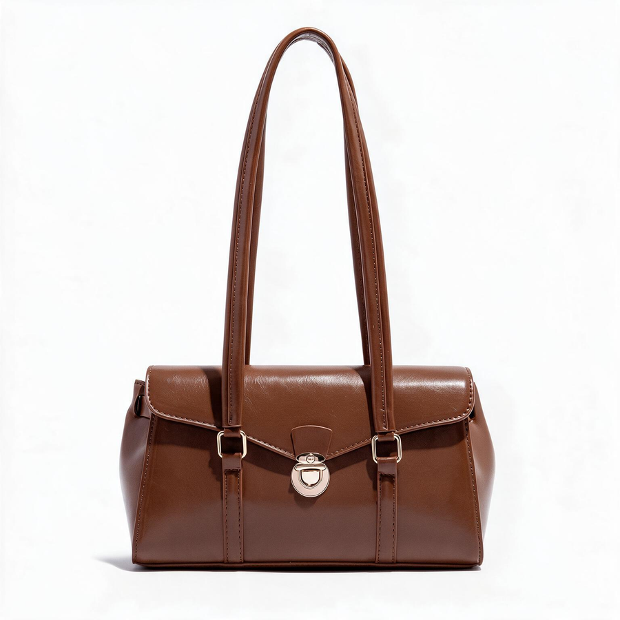 Brown Faux Leather Lock-Clasp Shoulder Bag