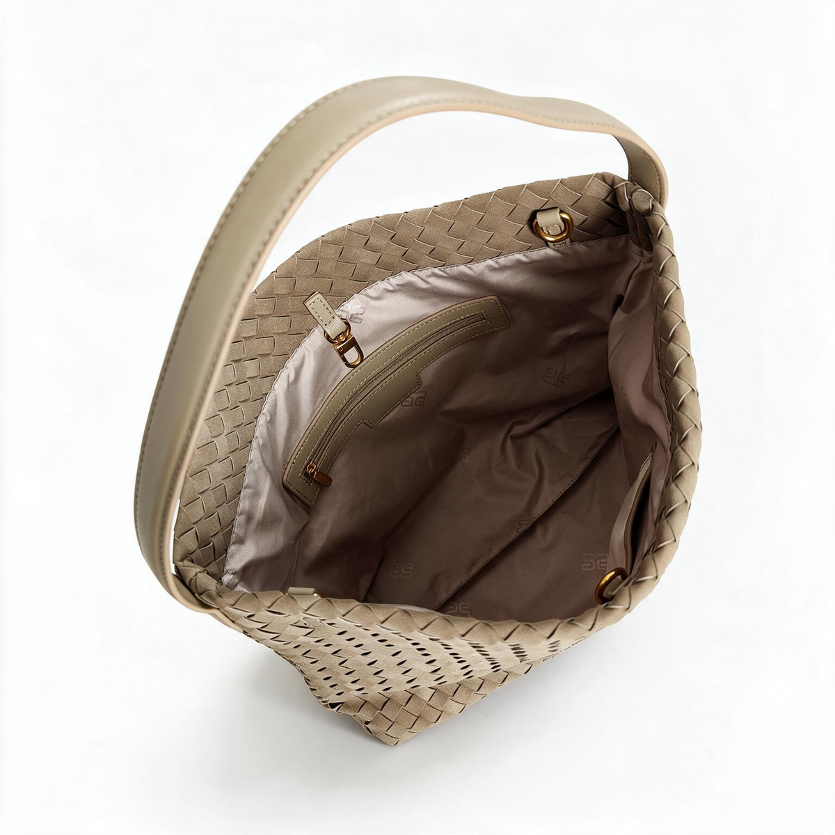 Open taupe woven-look hobo bag showing its light lining and interior pocket