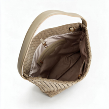 Open taupe woven-look hobo bag showing its light lining and interior pocket