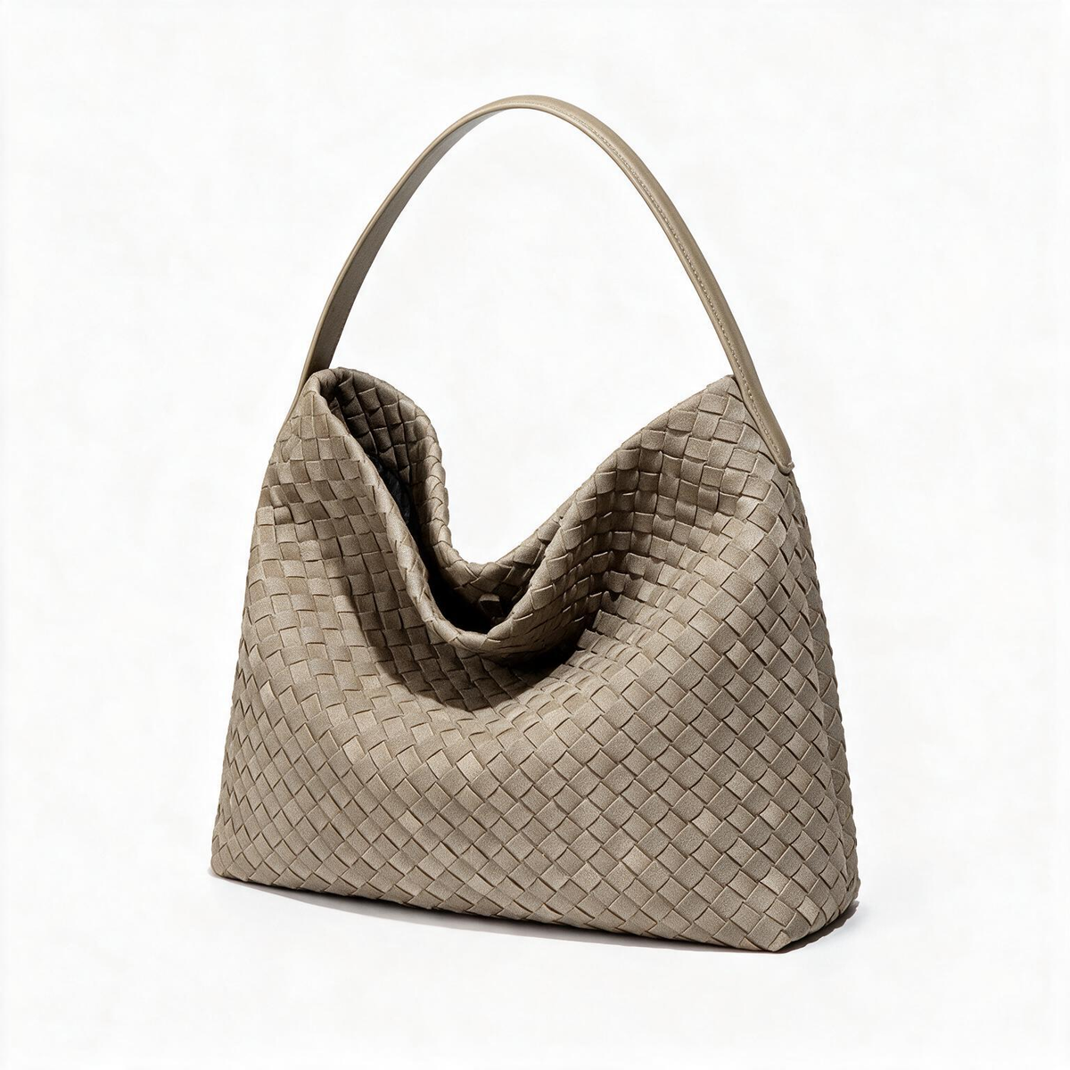 Taupe woven-look hobo shoulder bag shown from an angle