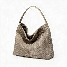 Taupe woven-look hobo shoulder bag shown from an angle
