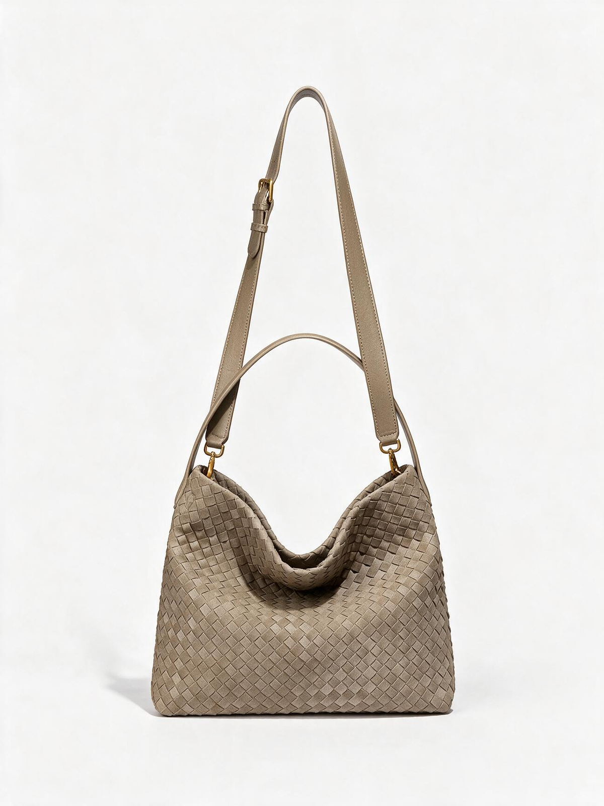 Taupe woven-look hobo bag with a long strap and short handle