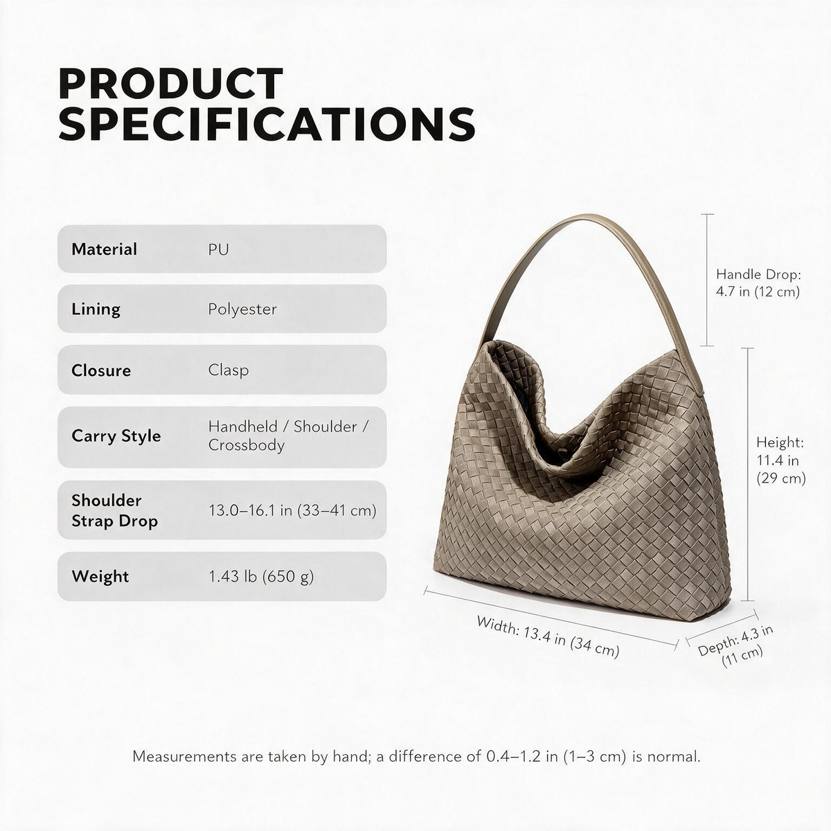 Size and material specifications for the taupe woven-look hobo bag